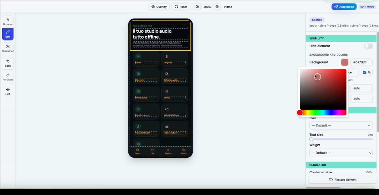 Selezione font e color picker — tema Dark Neon