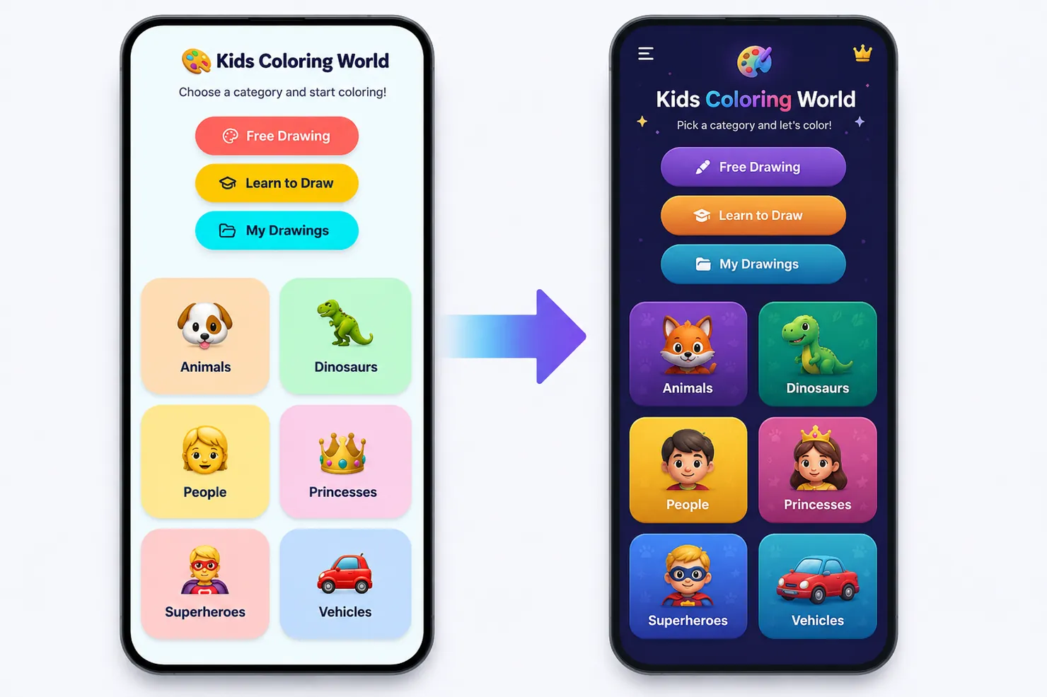 Reskin example: the same app transformed from a light theme to a dark purple night theme